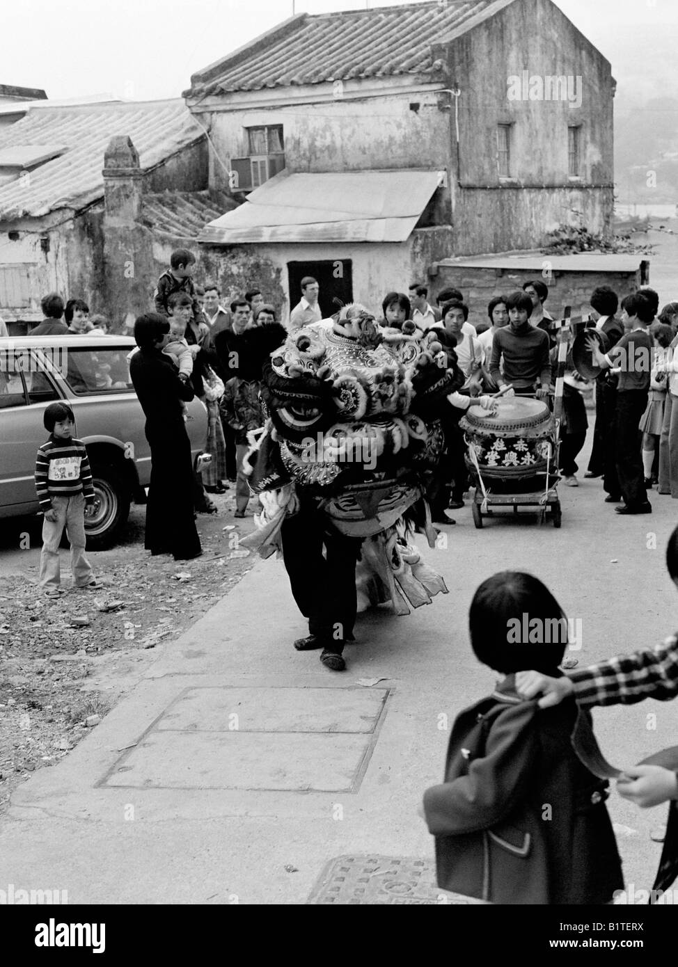 Lion Dance procession Chinese New Year Stanley Village Hong Kong 1978 Stock Photo