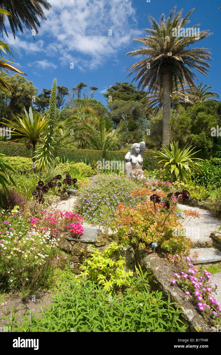 Tresco Abbey Sub Tropical Gardens Gaia sculpture by David Wynne summer sunshine sun sunny island Isles of Scilly Cornwall UK Stock Photo