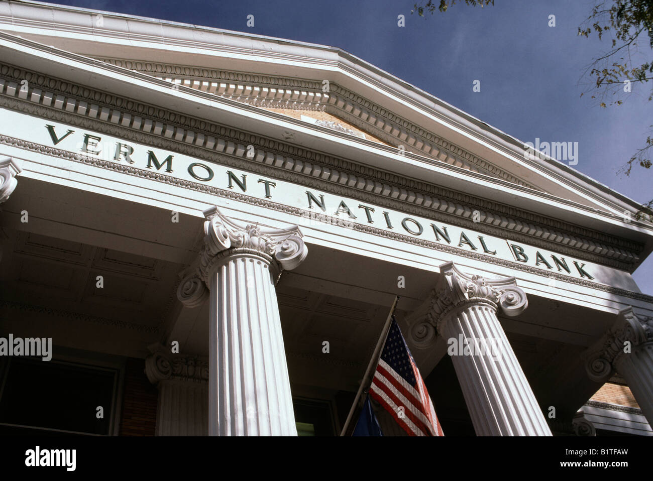 Columned facade, Vermont National Bank, Woodstock, Vermont Stock Photo