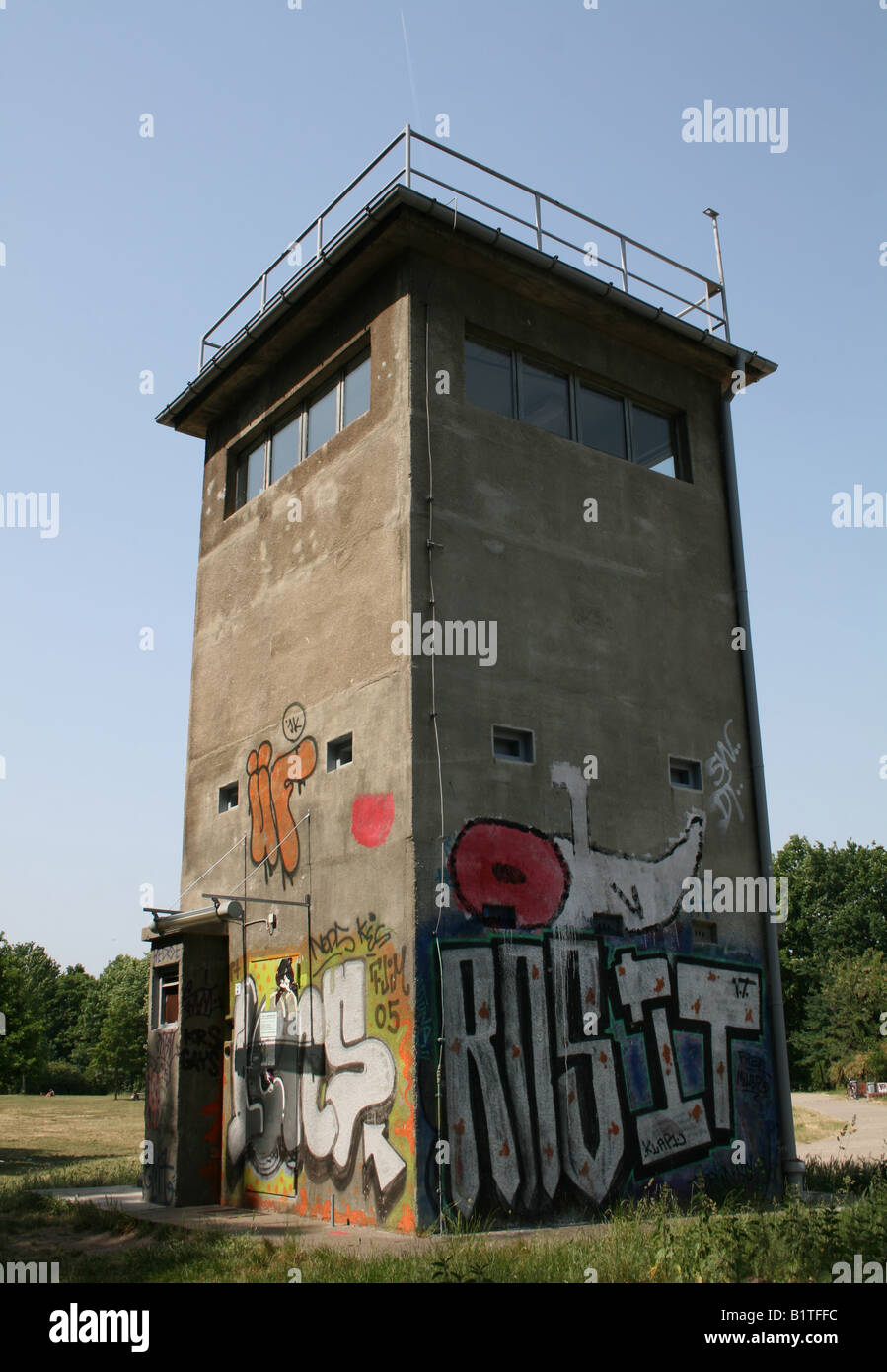 Former GDR guard tower still in original position for monitoring Berlin Wall  May 2008 Stock Photo