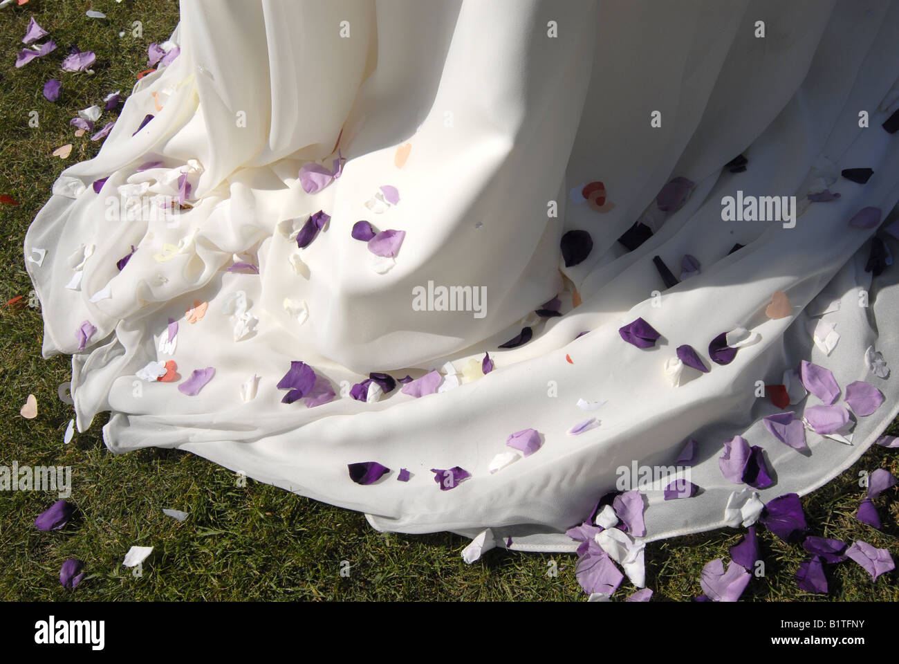 Rose petals and confetti on the train of a bride's dress on her wedding
