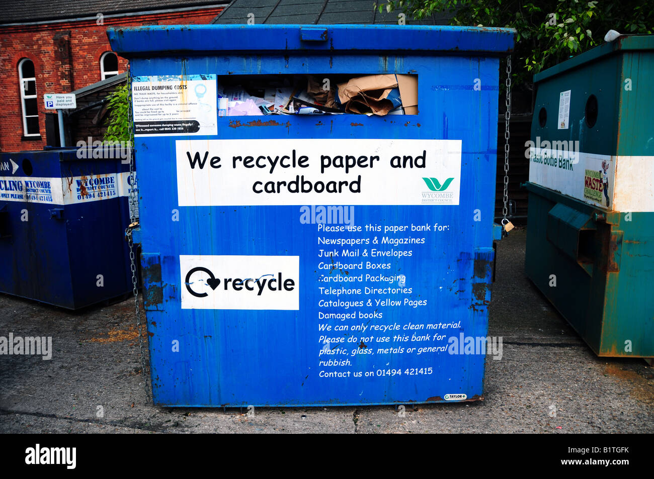 Paper and cardboard recycling bank, Bucks, UK Stock Photo