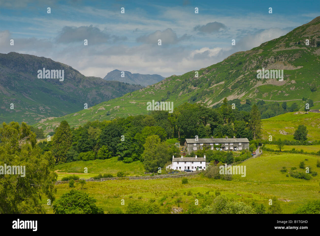 Houses in Little Langdale valley (with Langdale Pikes behind), Lake