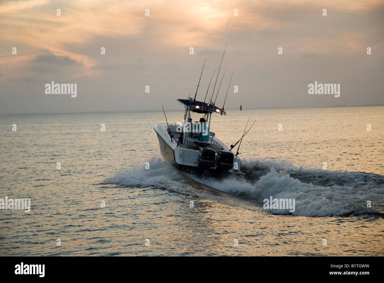 high powered fishing boat cruises Apalachicola Bay along North Florida