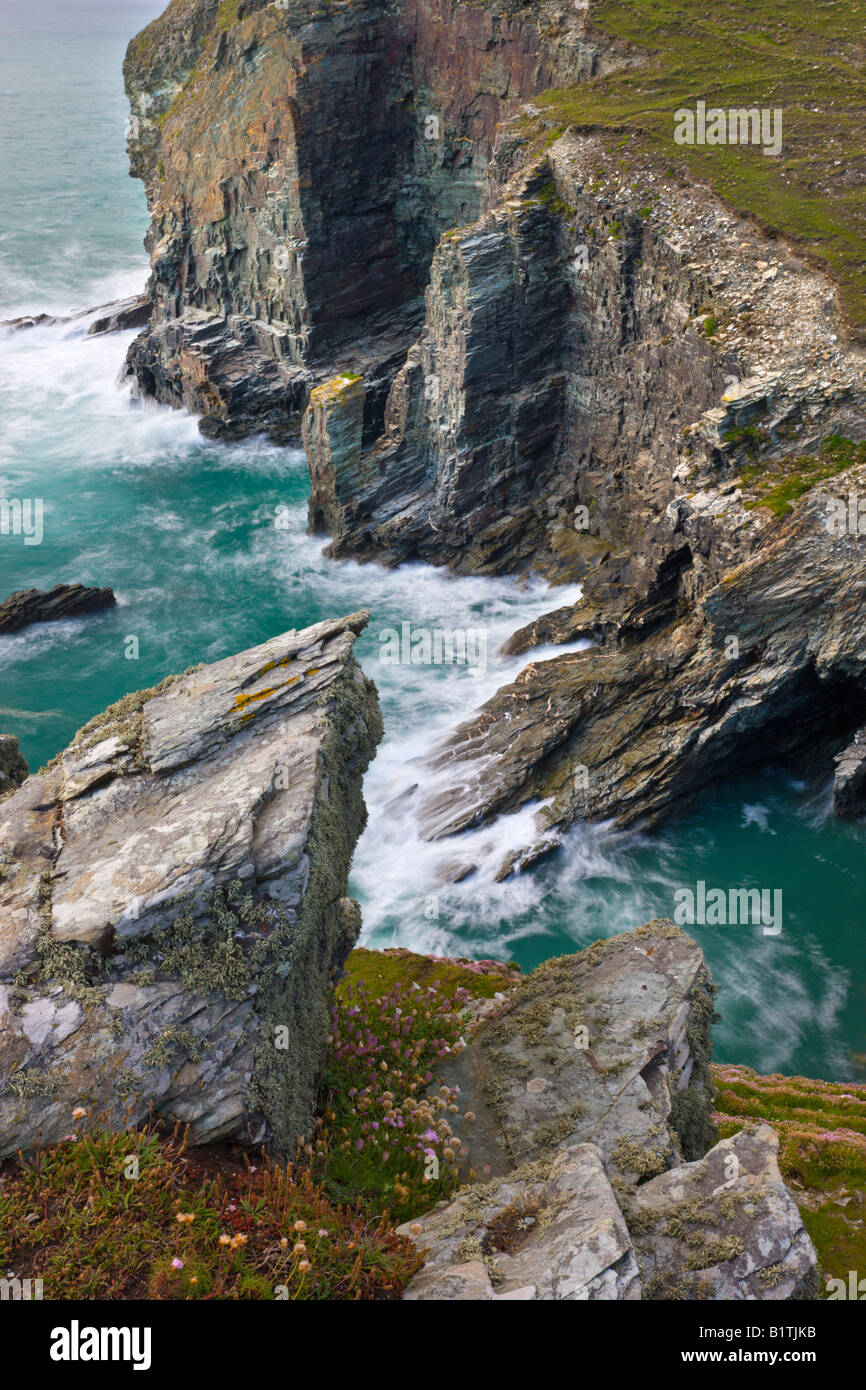 Eroded slate Cornish cliffs at Backways Cove Cornwall England Stock