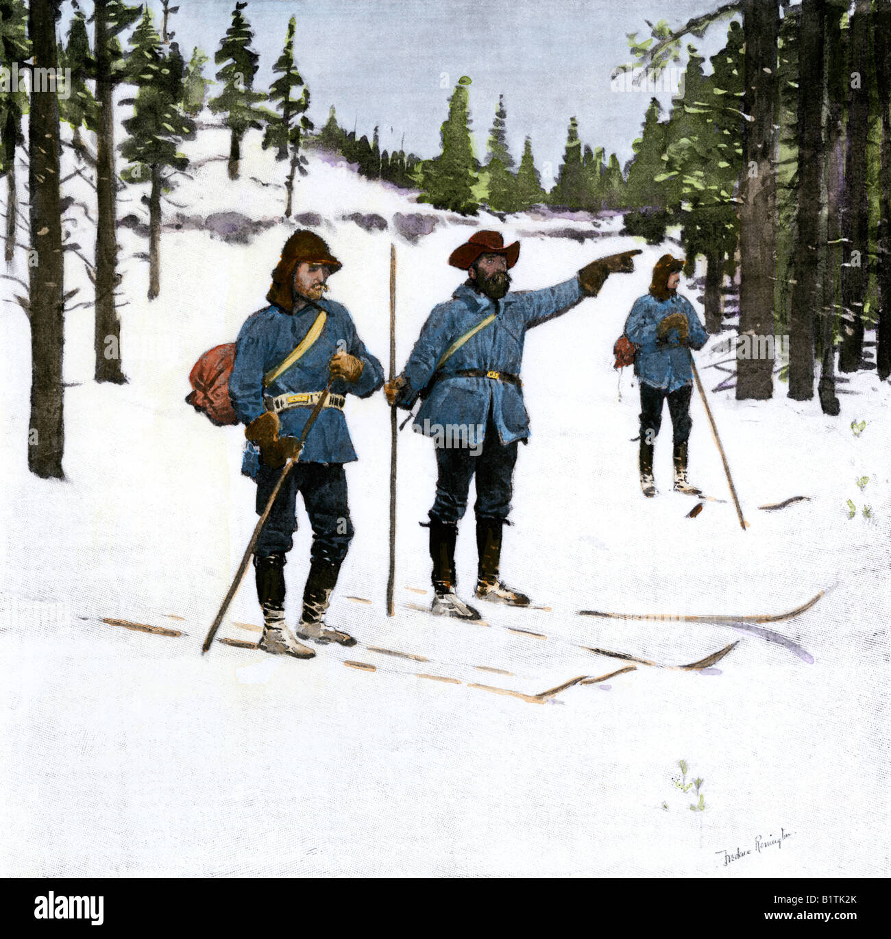US Cavalry officers policing Yellowstone Park on skis 1890s. Hand-colored halftone of a Frederic Remington illustration Stock Photo