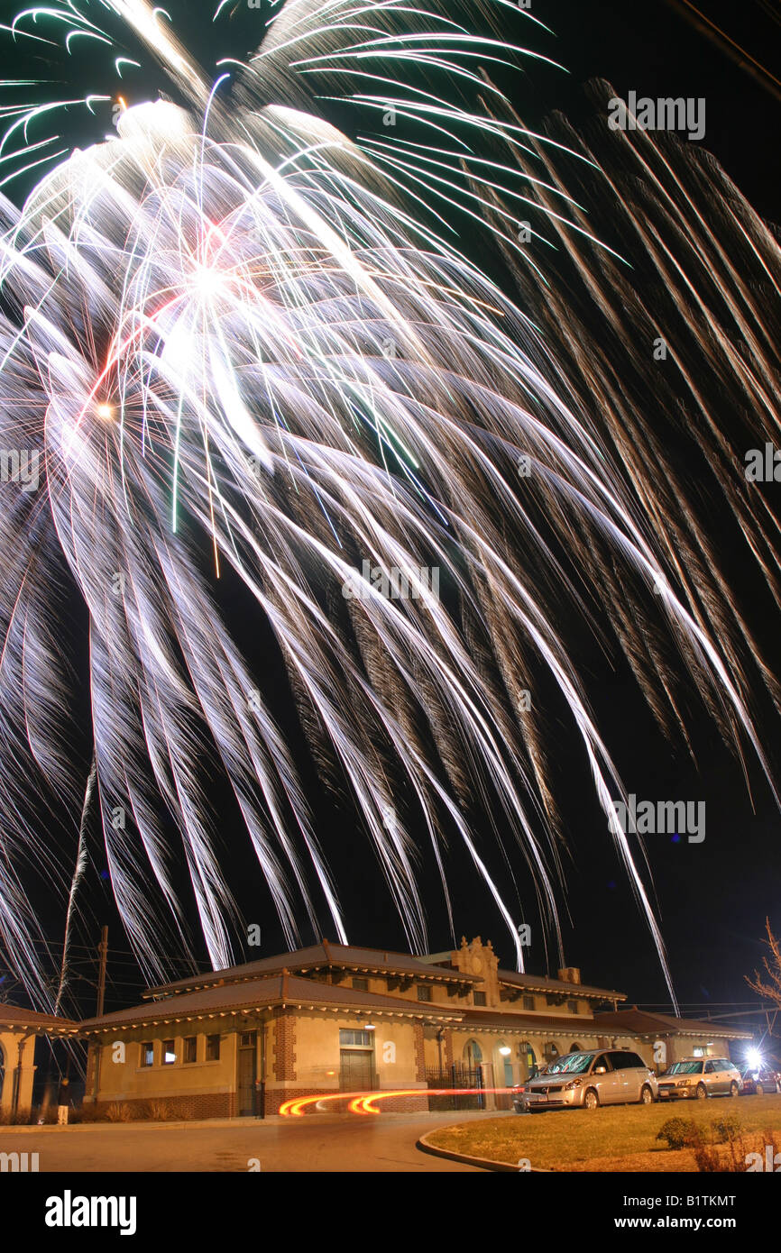 Fireworks in Westerly, Rhode Island at the local train station. Stock Photo