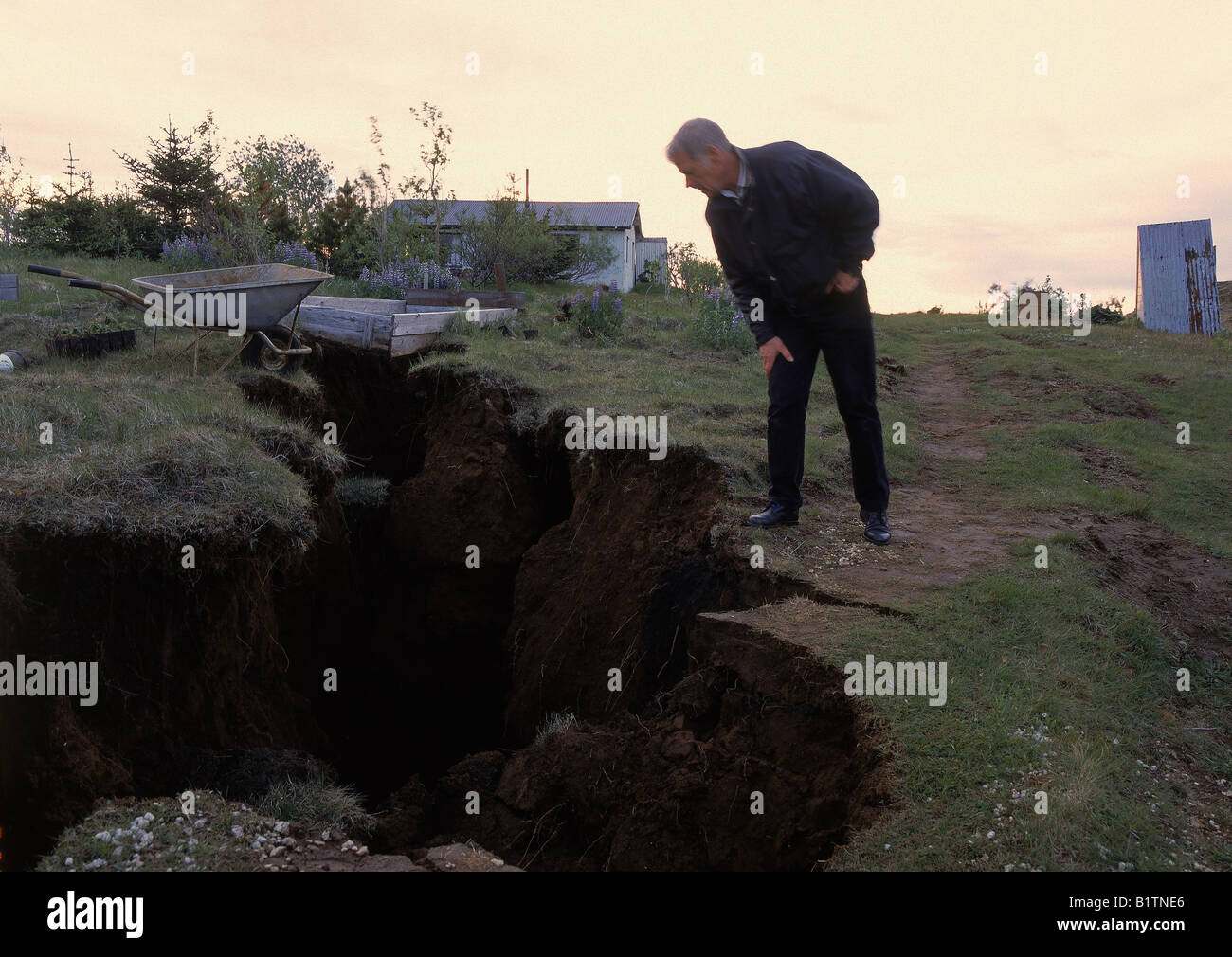 Large Crack in the Ground, Arnessyla County, Iceland Stock Photo