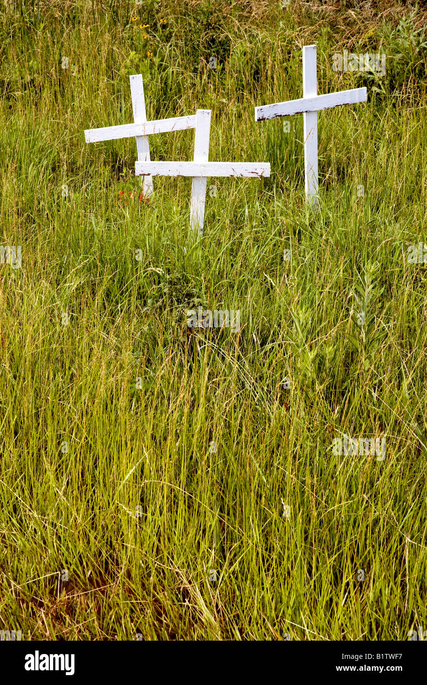 Makeshift roadside memorial to the victims of a deadly car accident south of Dumas Texas Stock Photo