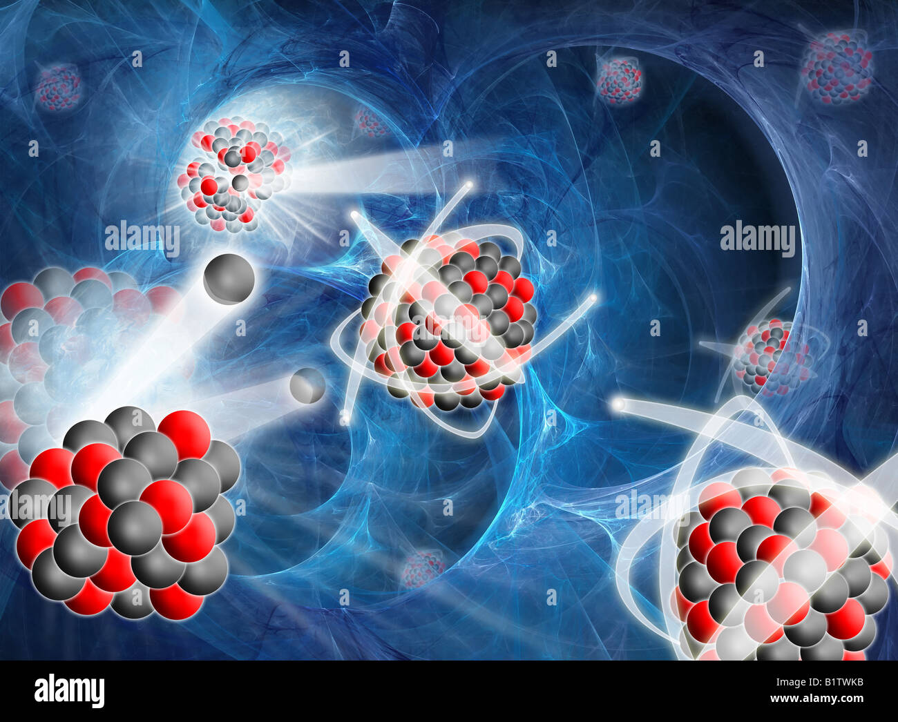 Conceptual image of nuclear fission, with atoms seen to break up from free neutrons and release vast amounts of blue energy Stock Photo