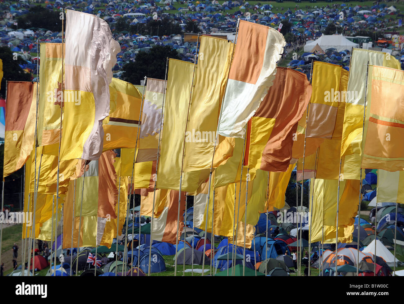 Glastonbury festival site flags Stock Photo