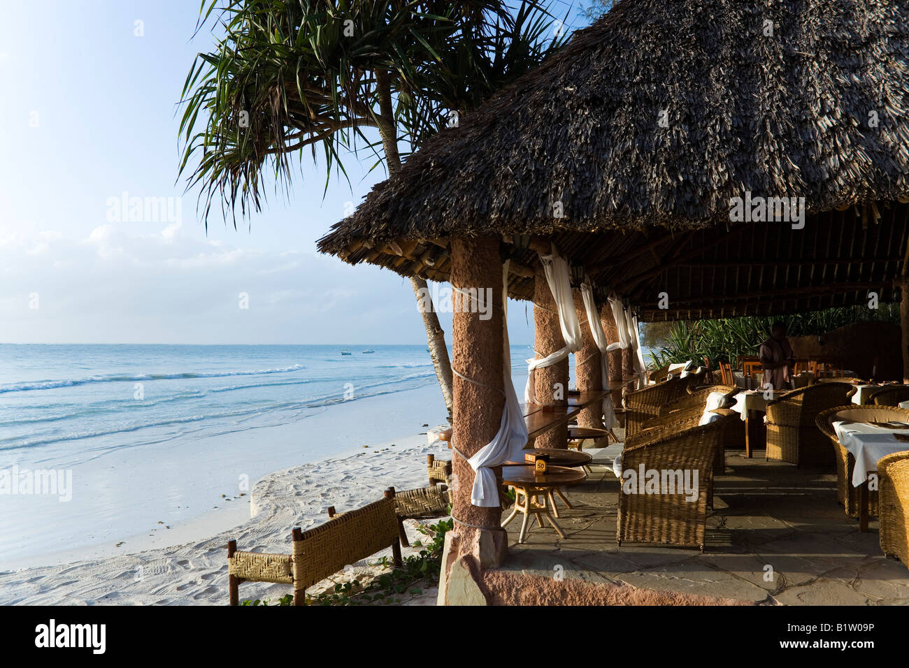 Empty beach restaurant The Sands at Nomad Diani Beach Kenya Stock Photo