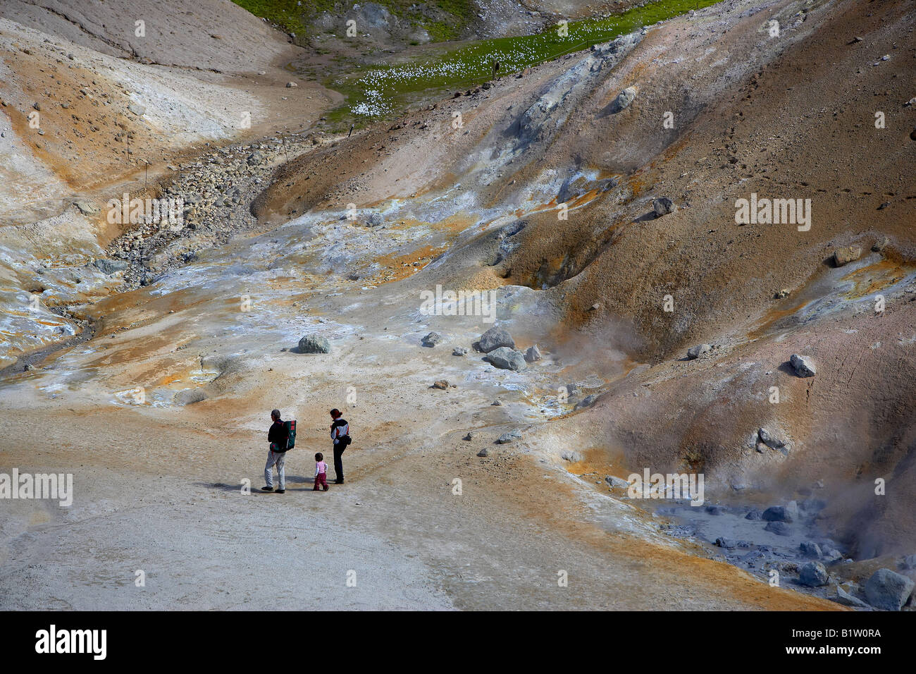 Family Hiking in Geothermal Field, Krafla area, Iceland Stock Photo
