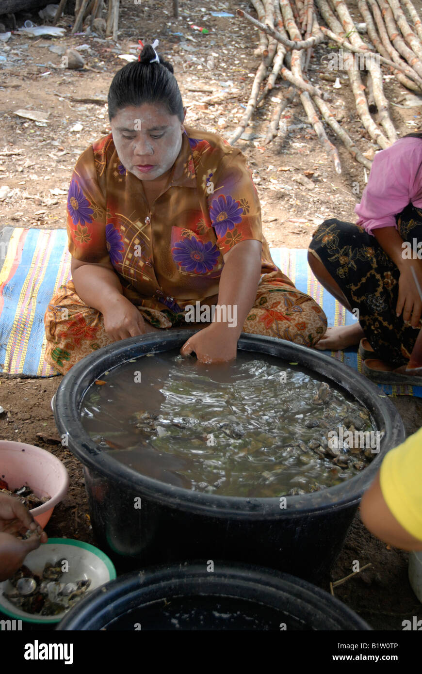cleaning oysters at sea gypsy village phuket thailand Stock Photo
