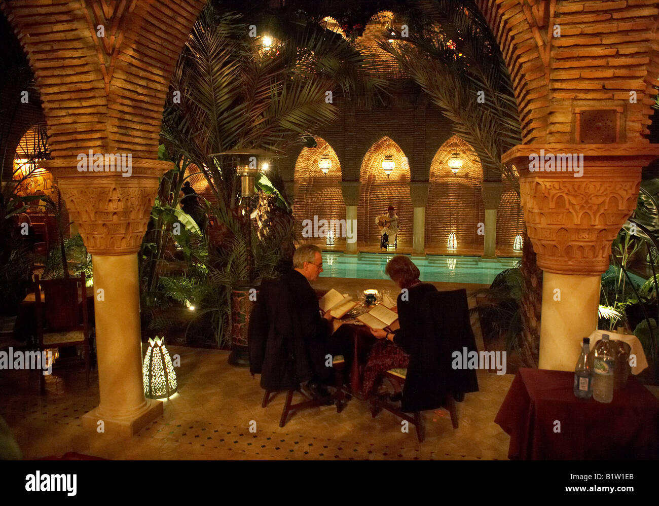 Tourist dining at Hotel in Marrakech, Morocco Stock Photo