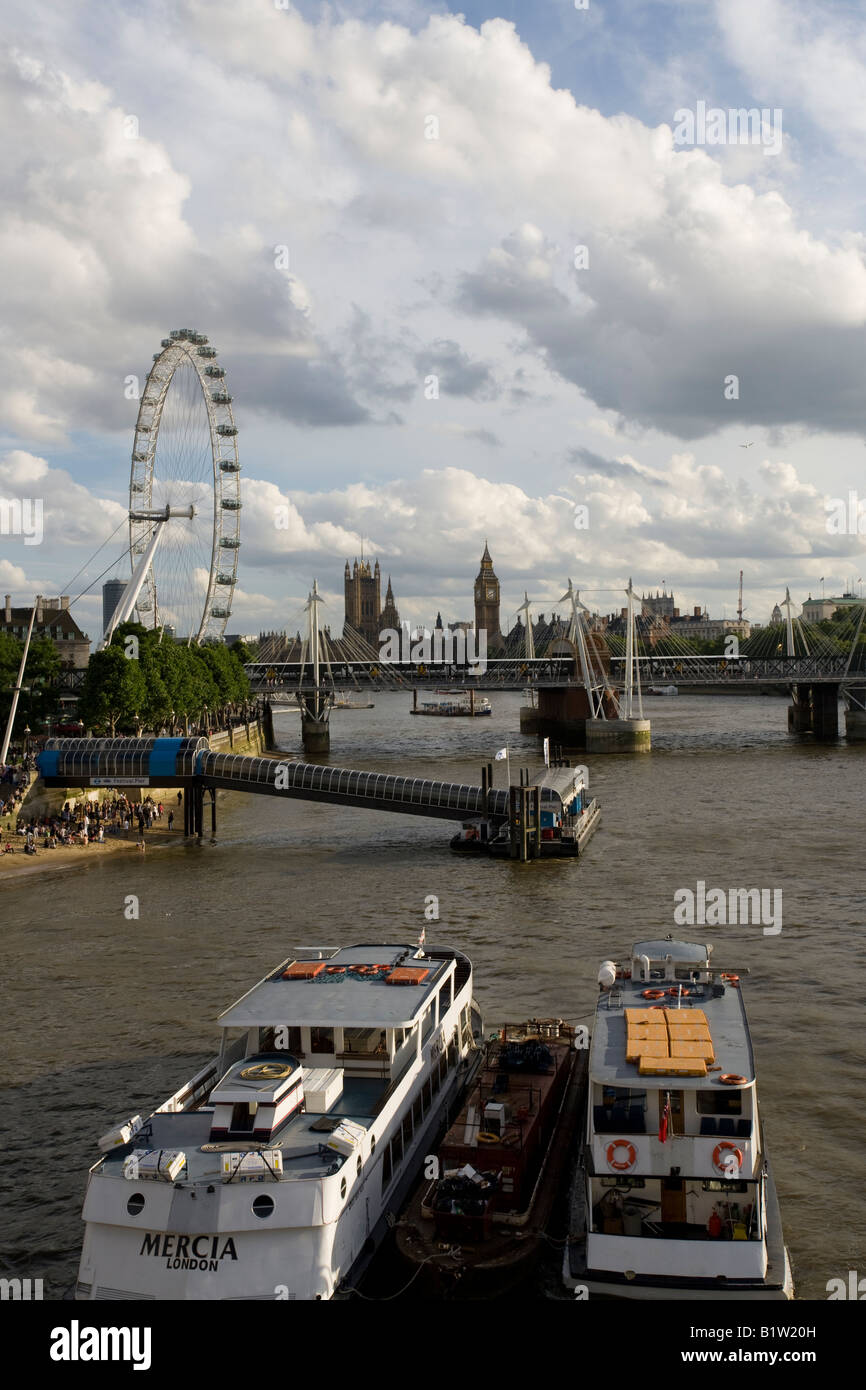 Landscape big ben boats bridge london london eye sky skyline thames Stock Photo
