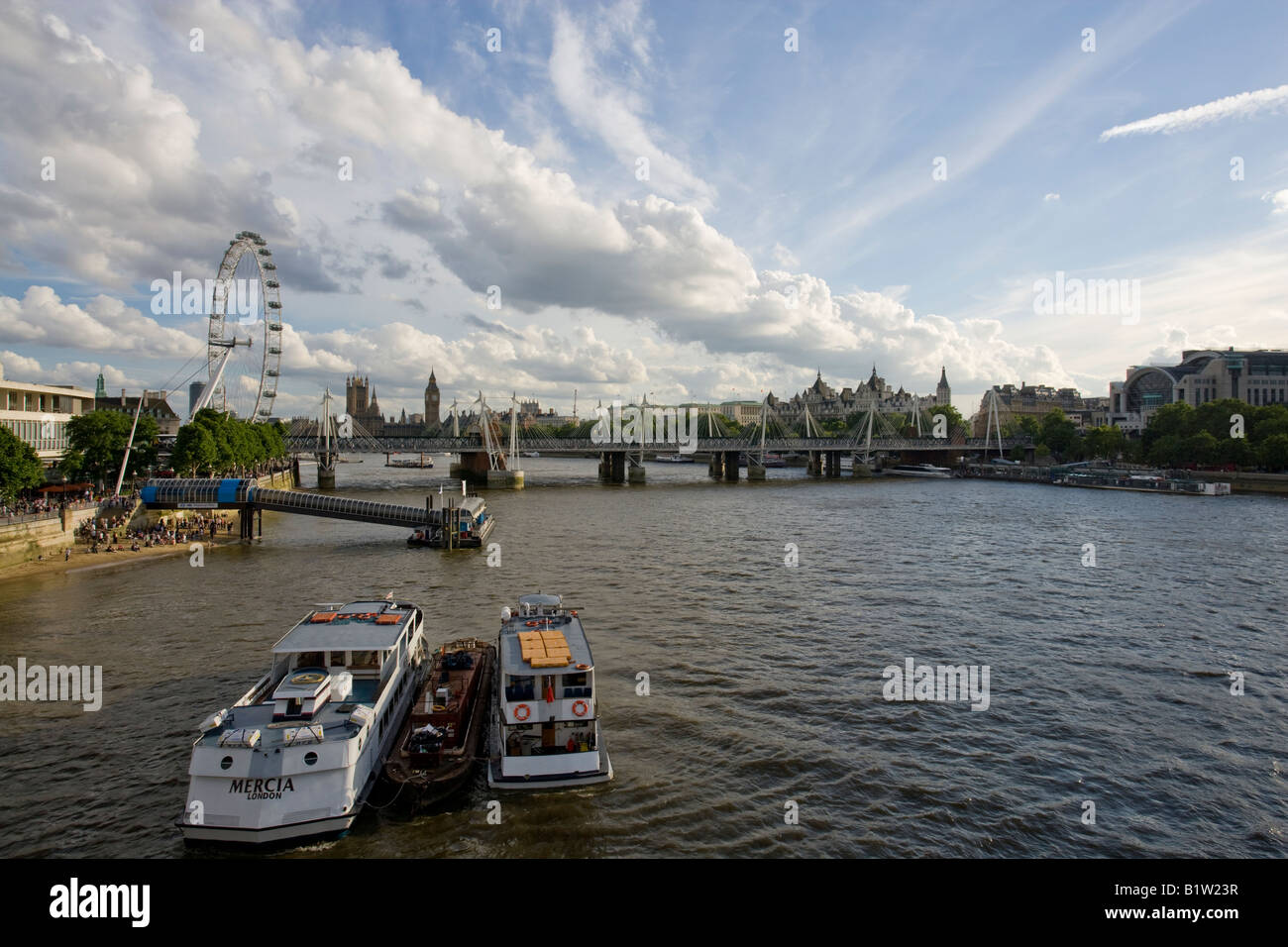 Landscape big ben boats bridge london london eye sky skyline thames Stock Photo