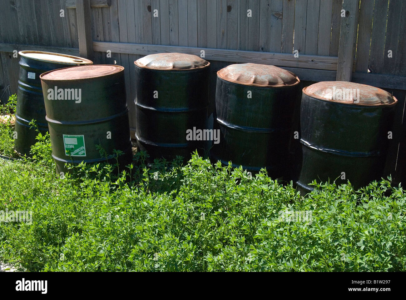 Bulging 55 gallon drums used to store soil and groundwater from