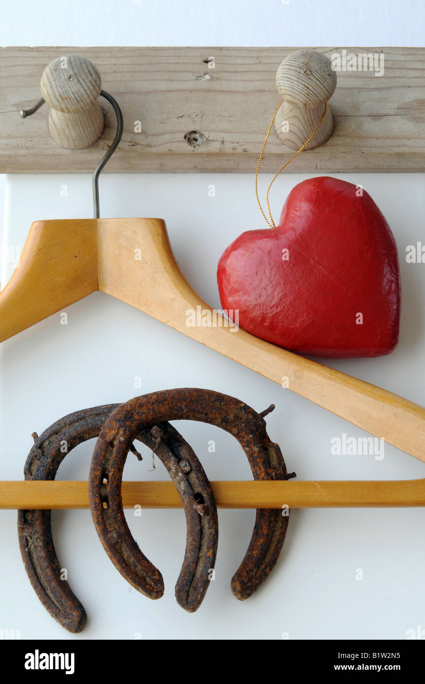Iron Horse Shoes and Hearts together ! Stock Photo
