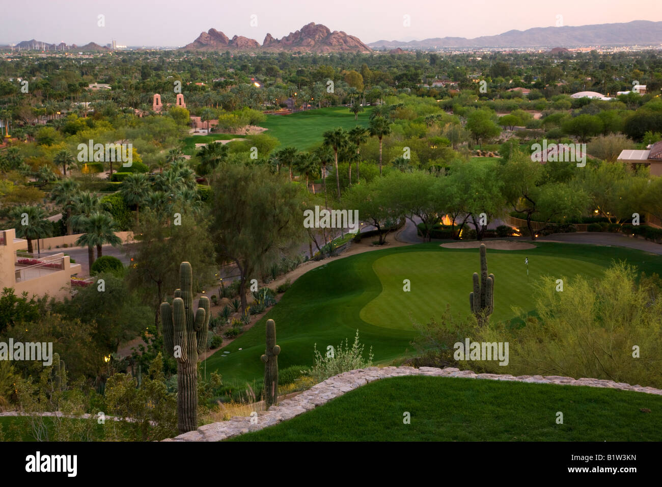 The 8th hole on the Desert Golf Course at the Phoenician Resort in Scottsdale Arizona Stock Photo