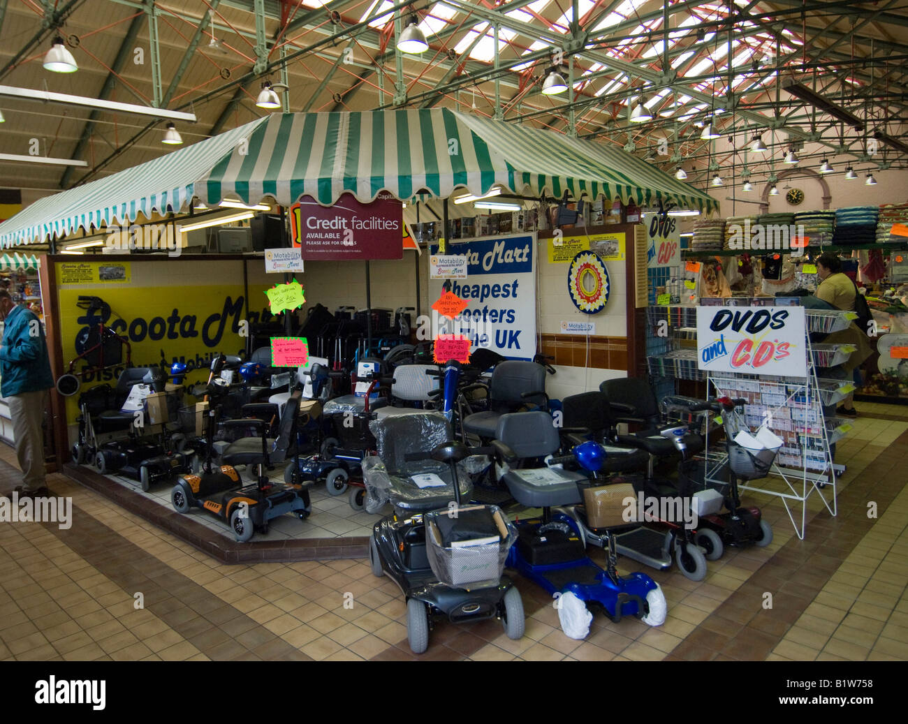 A mobility scooter stall in Fleetwood indoor Market, Lancashire, UK