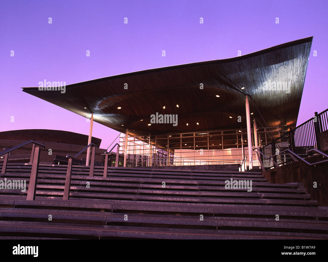 Senedd National Assembly for Wales Building Twilight dusk view Cardiff Bay Cardiff South Wales Stock Photo