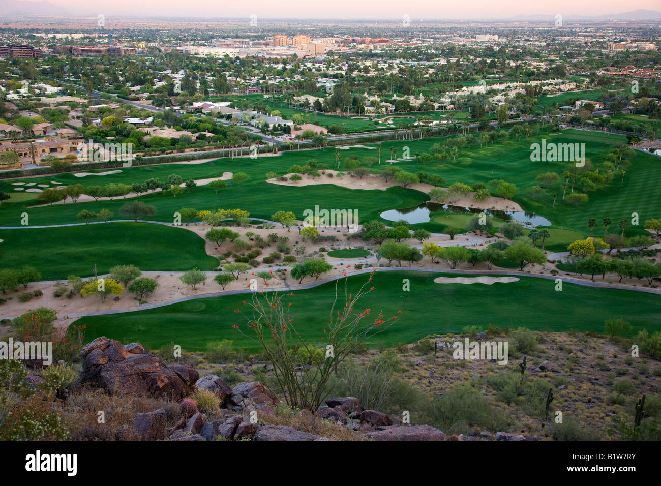 The golf course at the Phoenician from Camelback Mountain Phoenix Arizona Stock Photo