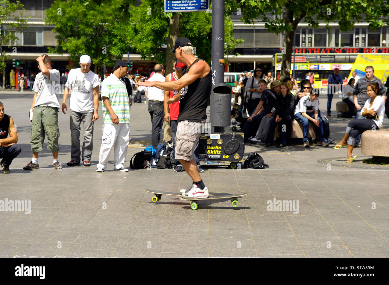 skateboard break dancers breitscheidplatz berlin germany deutschland youth urban hip hop travel tourism street performance Stock Photo