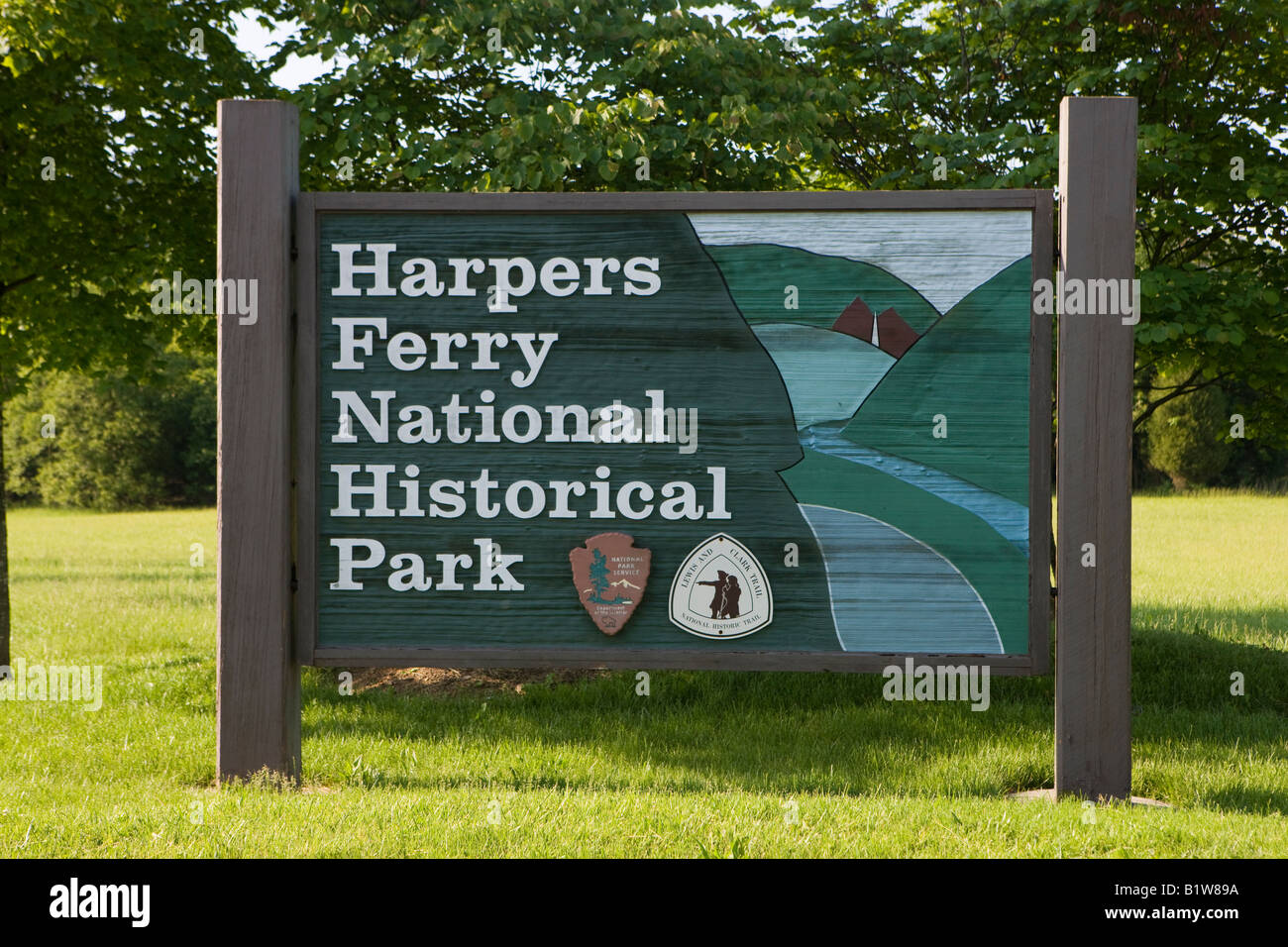 National Park Service (NPS) welcome sign at the entrance to Harpers Ferry National Historical Park, Harpers Ferry, West Virginia Stock Photo
