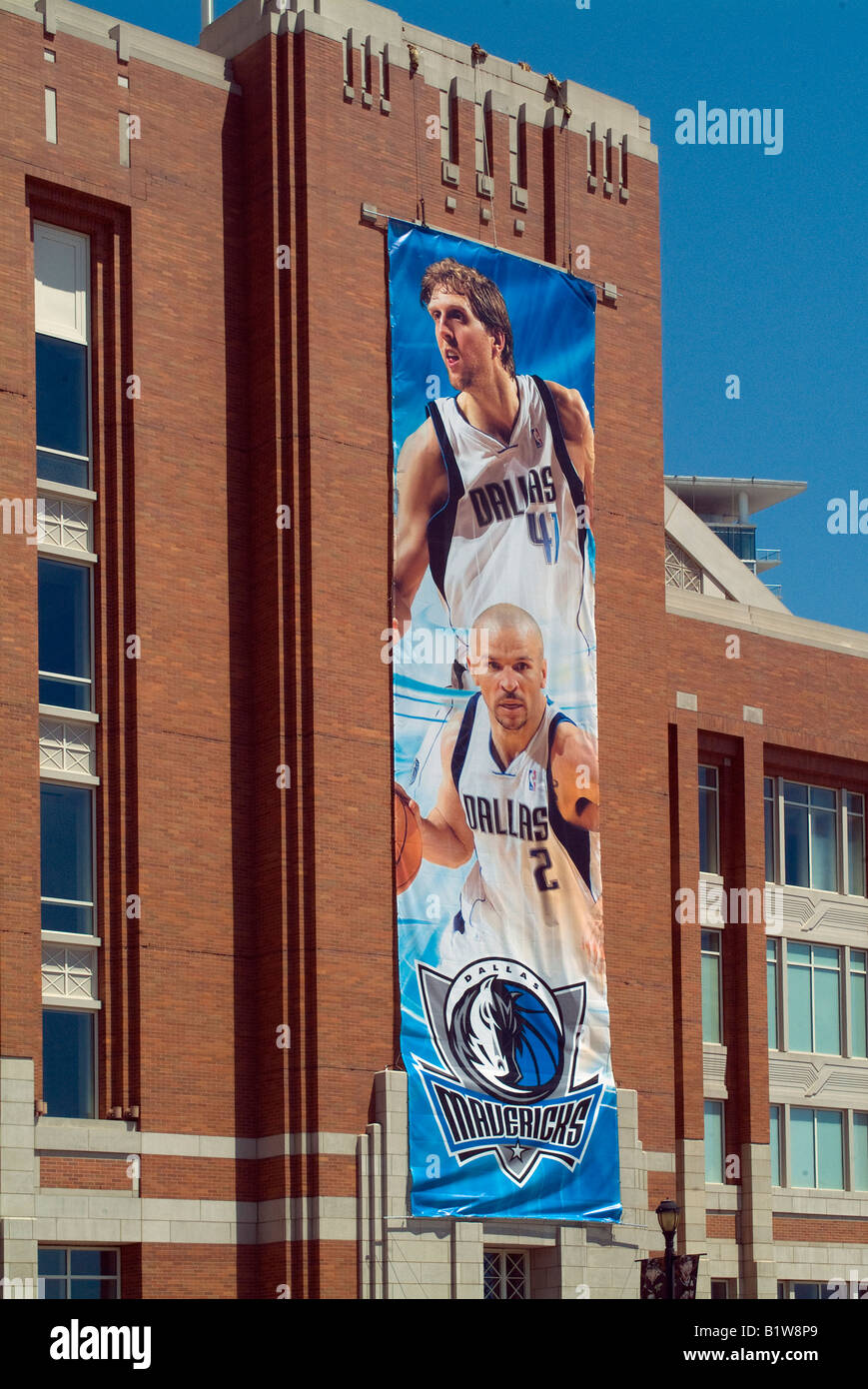 Outside Banner of Dirk Nowitzki at American Airline Center in Dallas Texas USA Stock Photo