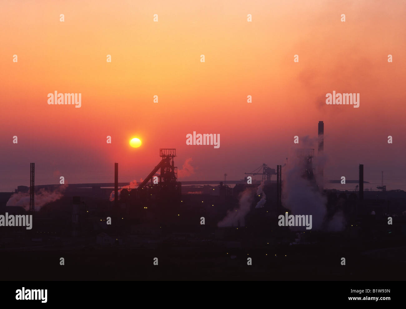 Tata Corus Margam Steelworks Port Talbot Blast furnaces at sunset Heavy industry South Wales UK Stock Photo