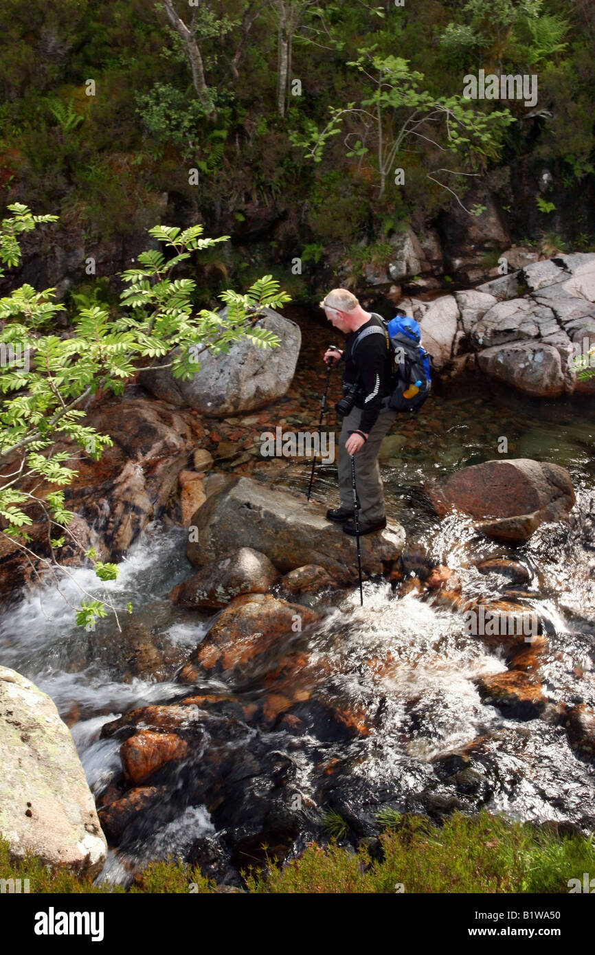 Hiker crossing a stream in Coire Leis enroute to Carn Mor Dearg Stock Photo