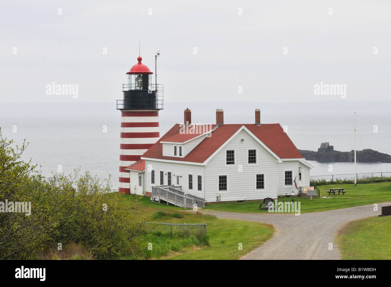 The West Quoddy Head Light near Lubec, Maine, US is the eastern most point of the United States mainland. Stock Photo