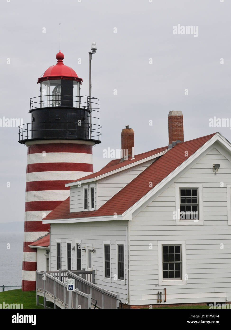 The West Quoddy Head Light near Lubec, Maine, US is the eastern most point of the United States mainland. Stock Photo