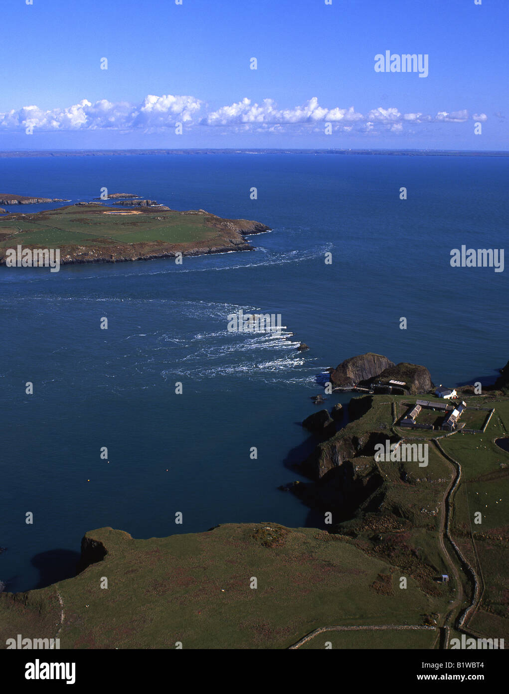 Aerial view of the Bitches rocks in Ramsey Sound from above Ramsey Island Near St David's Pembrokeshire West Wales Stock Photo