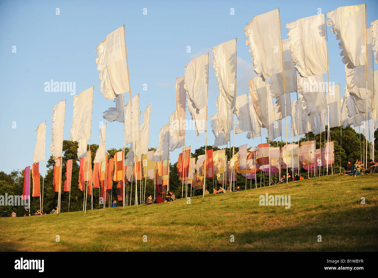 Glastonbury festival flags at the lounging area Stock Photo Alamy