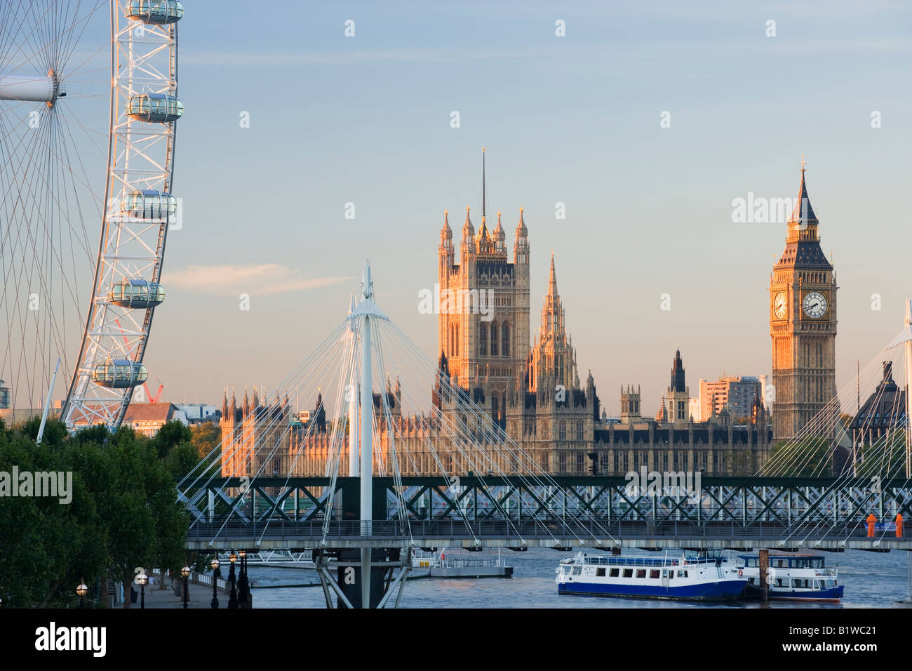 UK London British Airways London Eye and Big Ben viewed over the river Thames Stock Photo