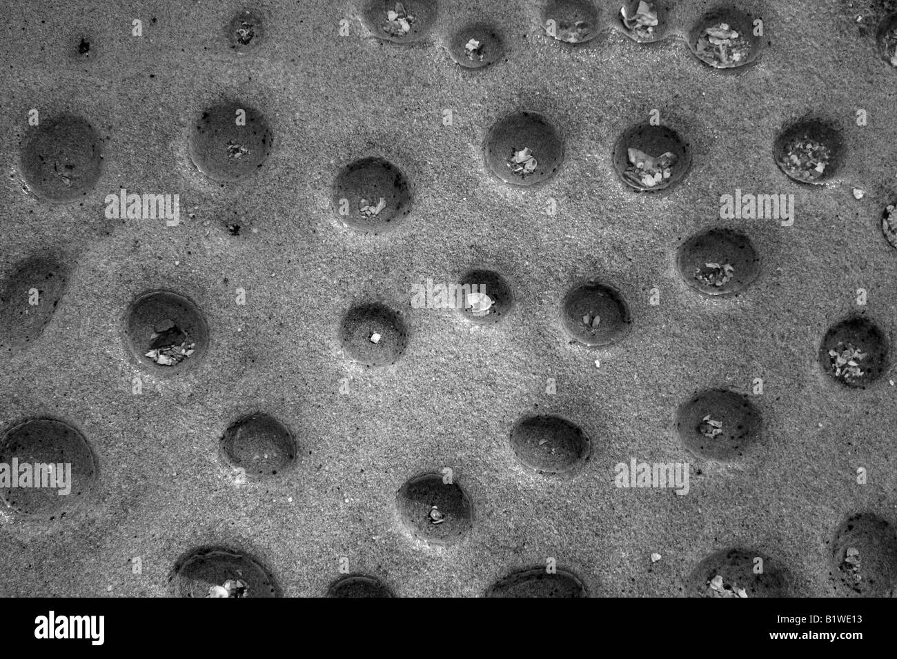 PERFECT ROUND HOLES IN SEASIDE ROCKS BLACK AND WHITE HORIZONTAL