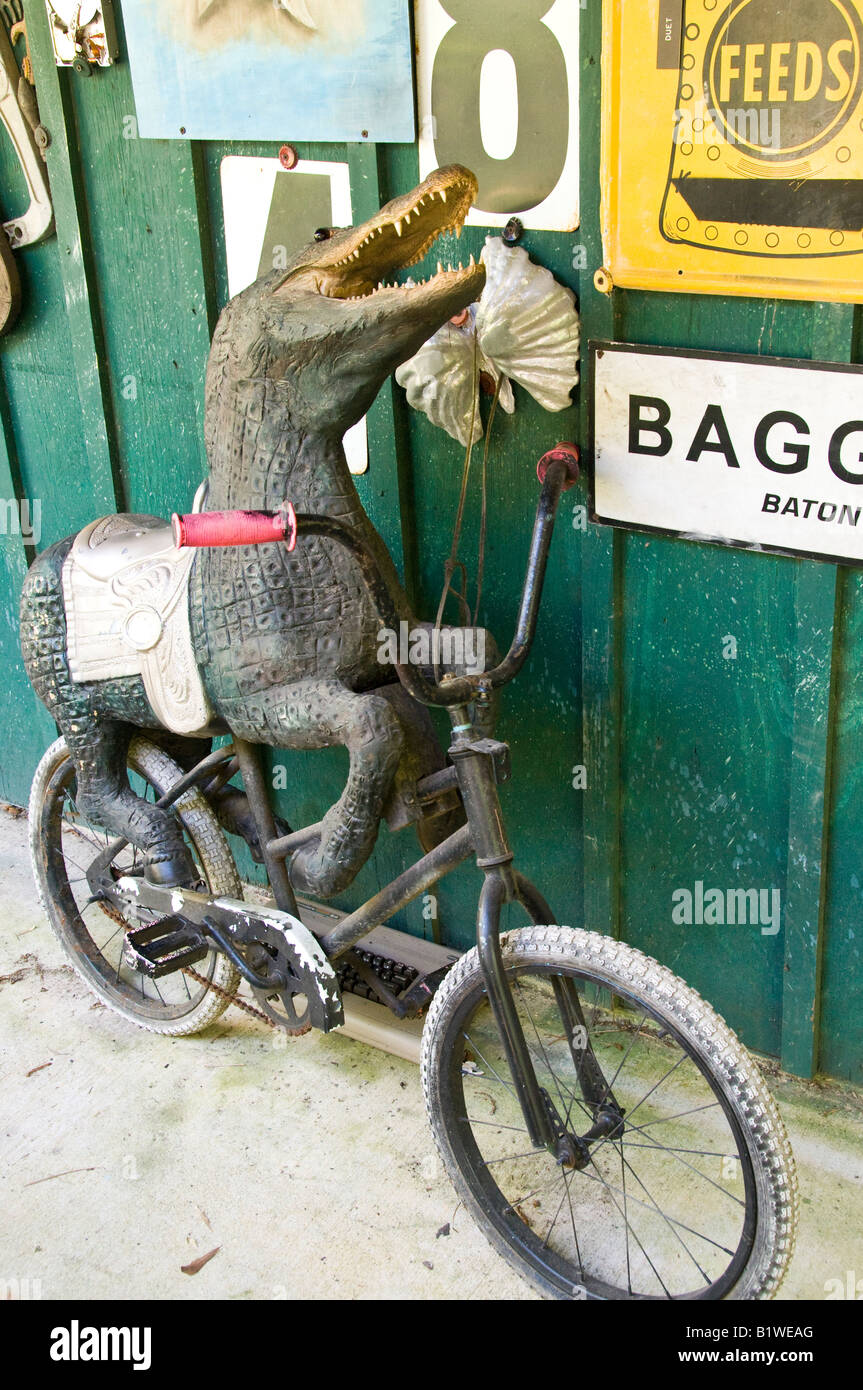 Alligator on a bike, Abita Mystery House at UCM Museum, Abita Springs, Saint Tammany Parish, Northshore, Louisiana. Stock Photo