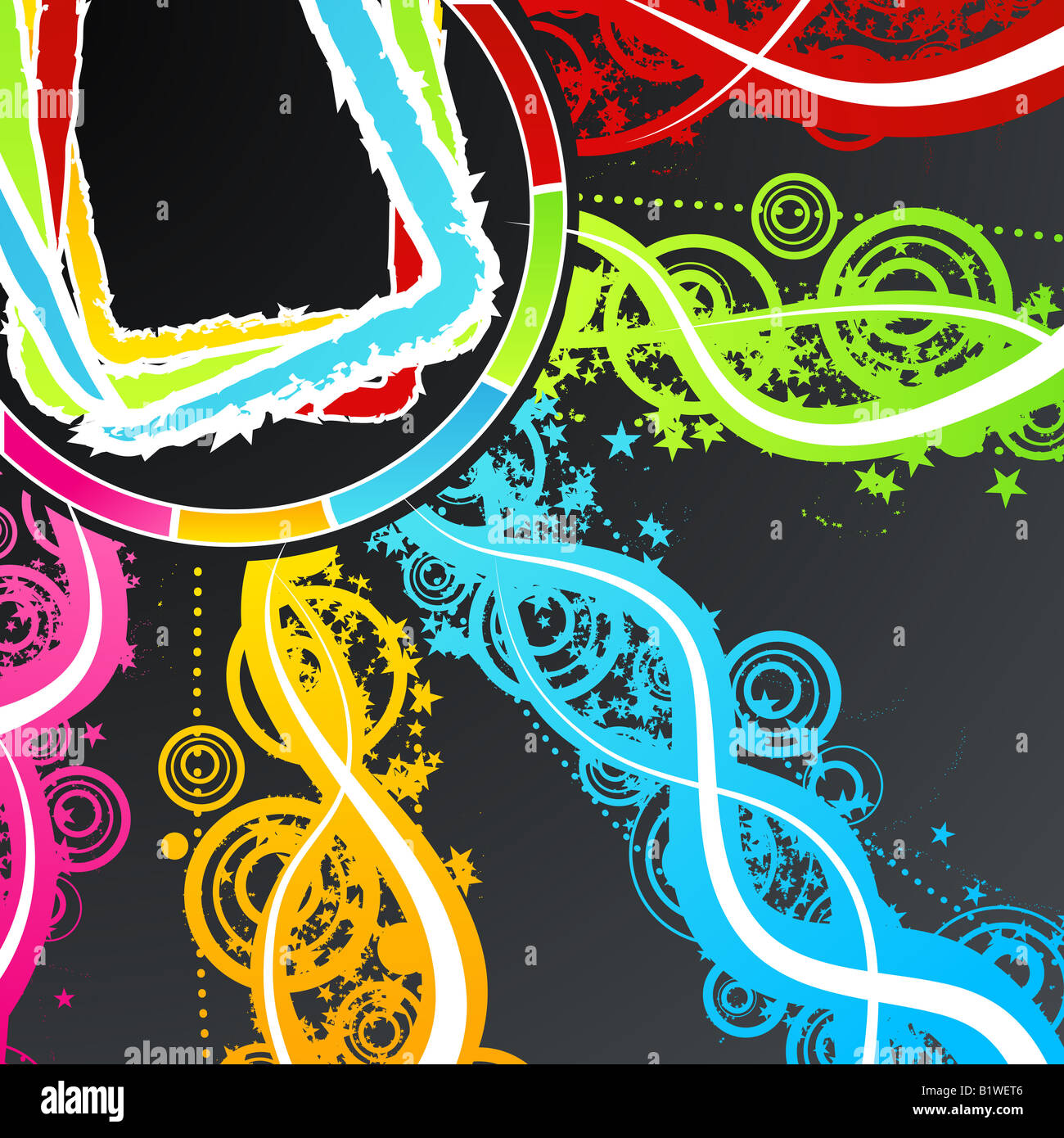 Vector illustration of a celebration background with colorful explosions of rainbow stars circles and lined art Stock Photo