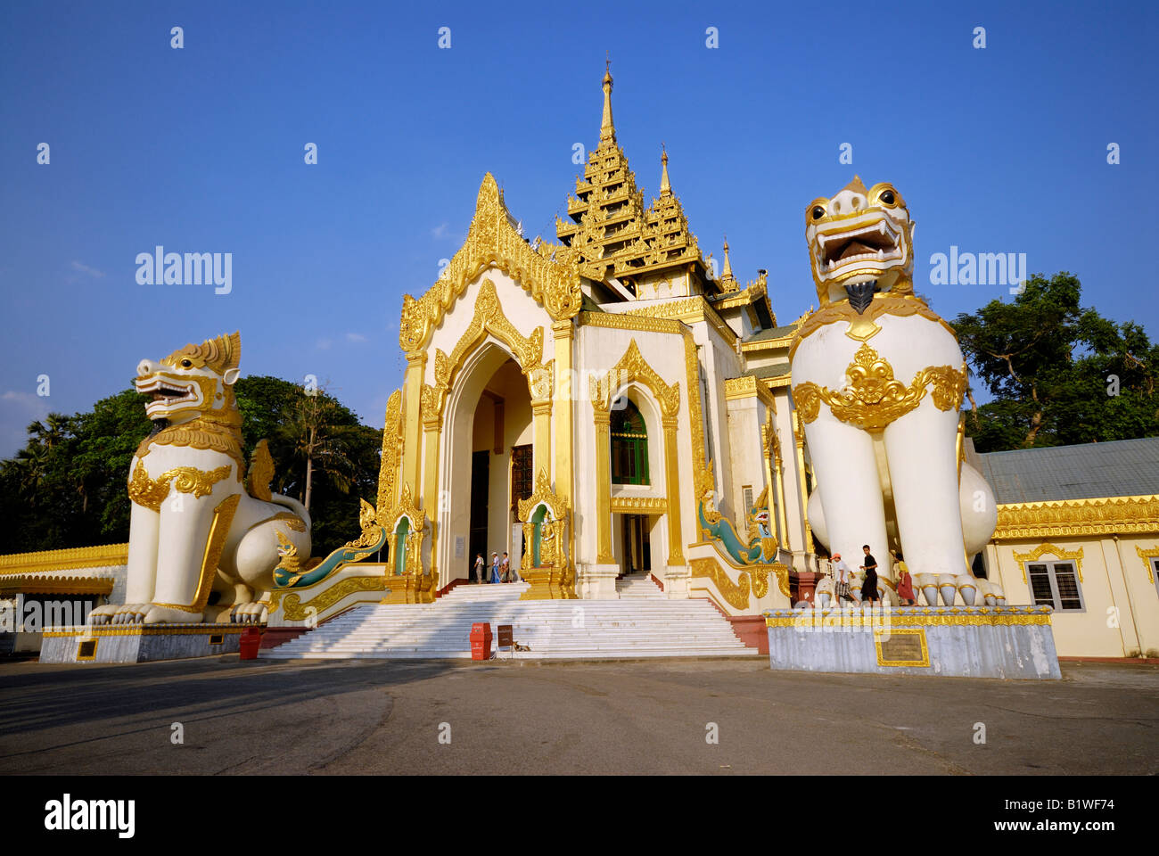 entrance of YANGOON SHWEDAGON PAGODA, with big figure of lion, chinte, ASIA MYANMAR BURMA BIRMA YANGON Stock Photo
