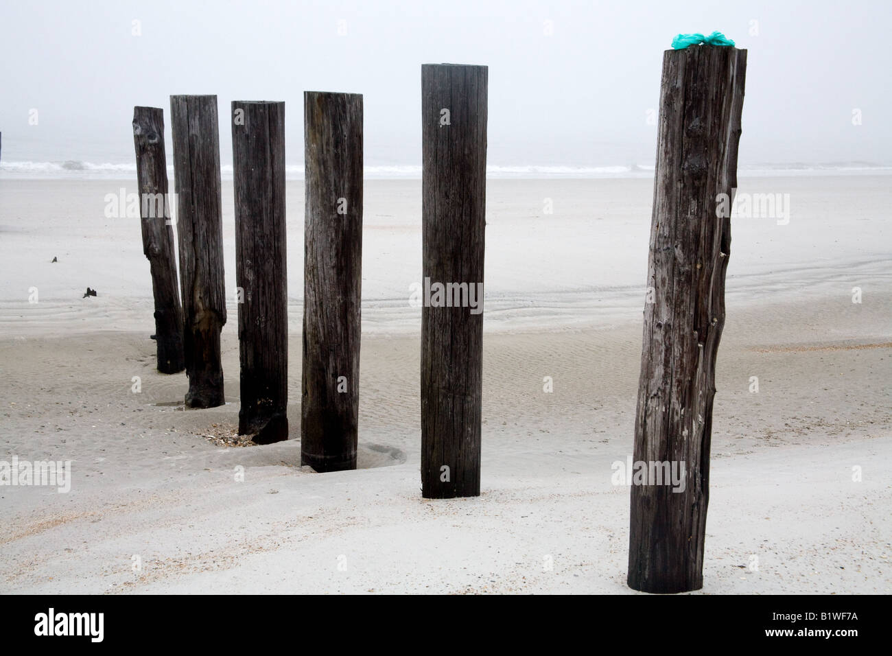 Wooden surf break poles on a foggy day in Jacksonville Beach, Florida Stock Photo