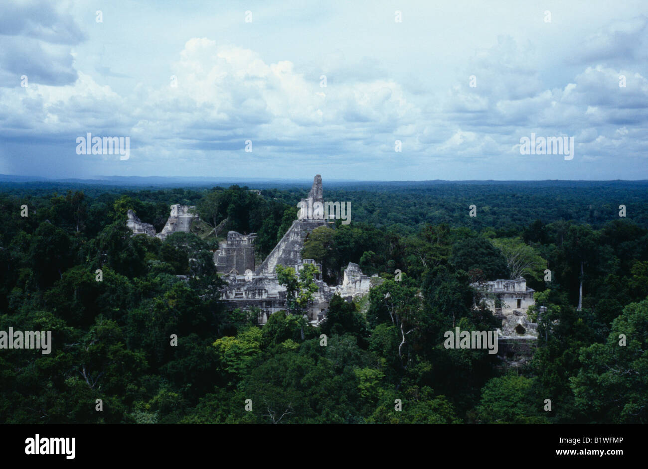 GUATEMALA Central America Tikal Aerial view over the Mayan ruins in the jungle and surrounding tree tops Stock Photo