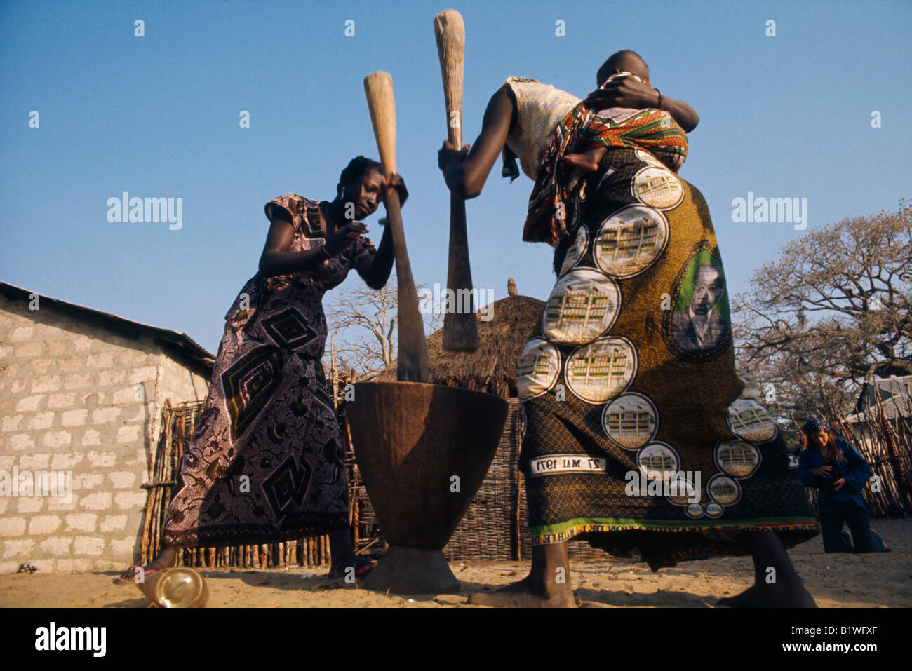 African Wood Sculpture-Two Women pounding Cassava under Tree