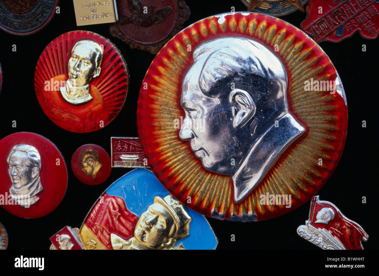 CHINA Asia Shanghai Chairman Mao Zedong or Mao Tse-Tung Communist revolutionary memorabilia metal badges as souvenirs Stock Photo