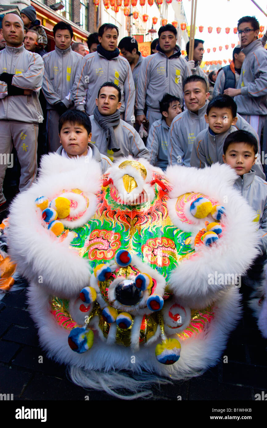 ENGLAND London Chinatown Lion Dance troupe in Gerrard Street during Chinese New Year celebrations for Year of Dog Stock Photo