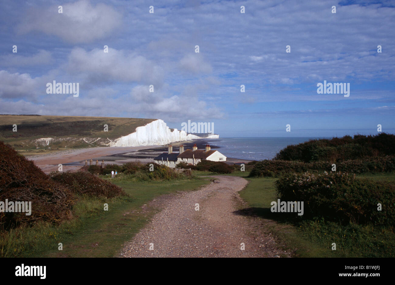 ENGLAND East Sussex Seven Sisters white chalk cliffs viewed from a path Stock Photo