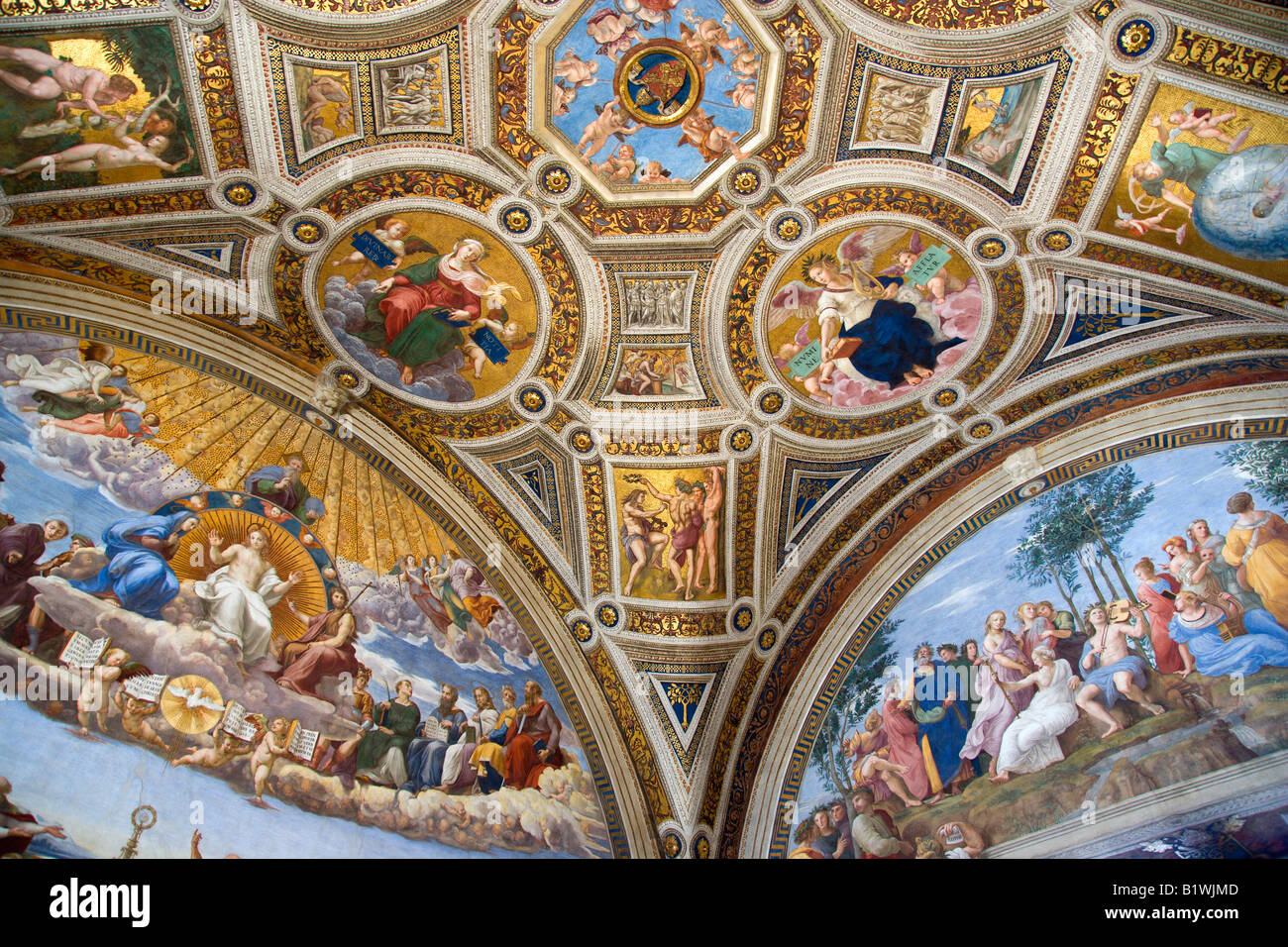ITALY Lazio Rome Vatican City Museums Raphael Room of Signatura with Disputation of Holy Sacrament and The Parnassus Stock Photo