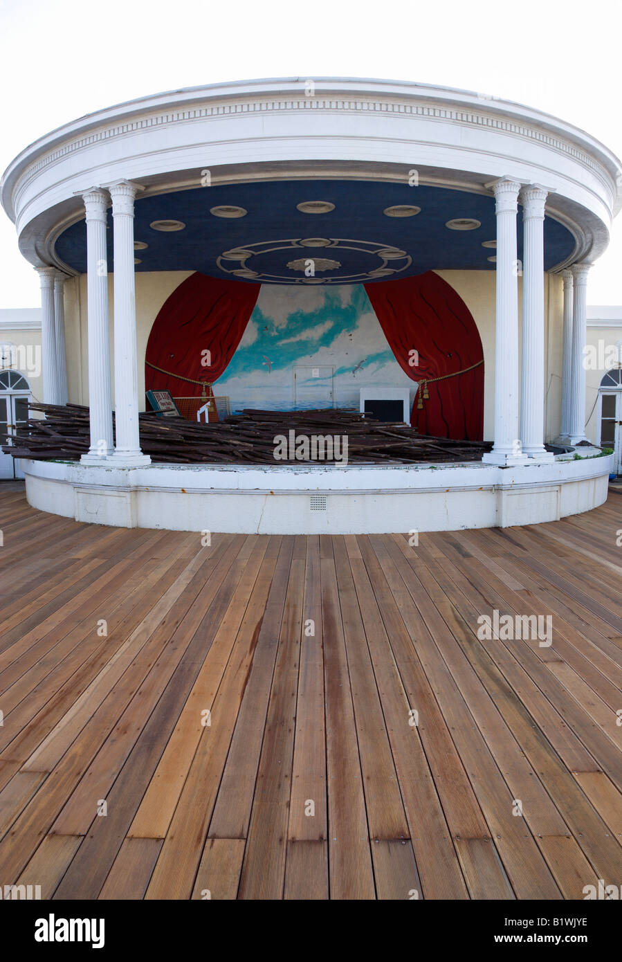 ENGLAND West Sussex Worthing Bandstand with old decking on stage day timber from ship sunk in English Channel washed onto beach Stock Photo
