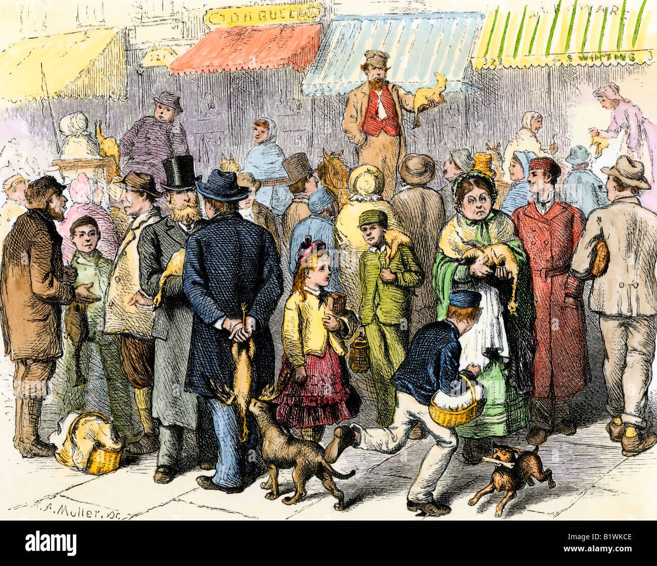 Open air market at Statehouse Square on the day before Thanksgiving in Hartford Connecticut 1870s. Hand-colored woodcut Stock Photo